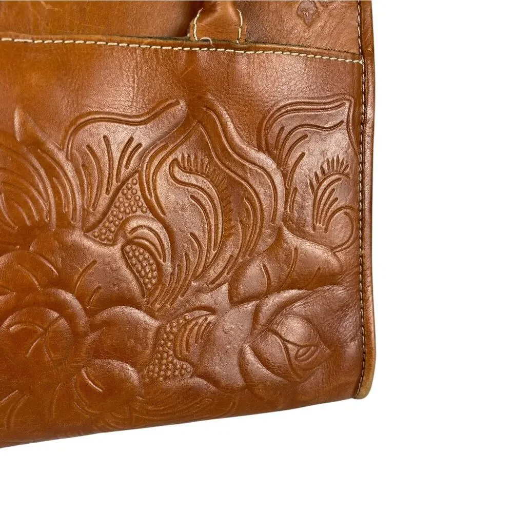 PATRICIA NASH Large PARIS SATCHEL Full Grain LEATHER Rose Tooled Design BROWN